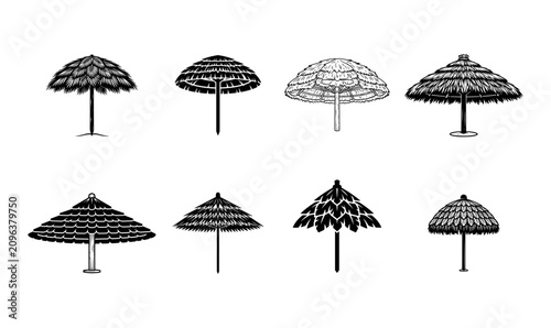 Black Tiki Beach Umbrella Vector Illustration Set Isolated on PNG Background, tiki umbrella, beach umbrella, palapa umbrella, tropical umbrella, straw umbrella, thatched umbrella, island umbrella, 