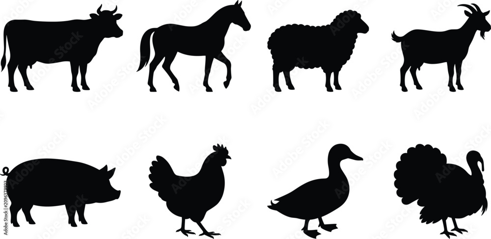 Fototapeta premium Farm animal silhouette vector illustration set featuring livestock and poultry for agriculture design