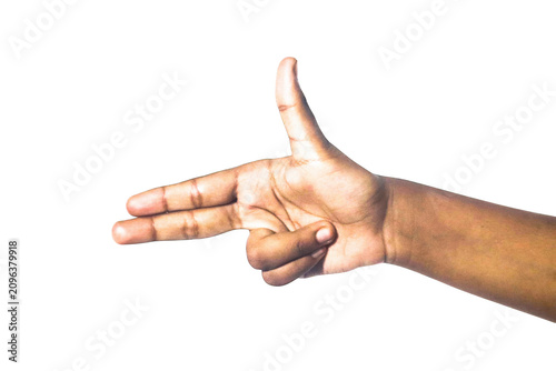 Fotografie Human hand making gun gesture with index and middle finger extended, side view, isolated on transparent background
