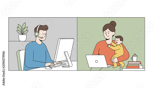 Split screen showing a customer service male operator and a working mother multitasking with her baby on a laptop.