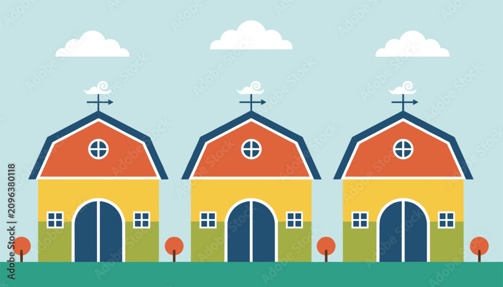 Fototapeta premium Row of three colorful traditional farm barns with weathervanes standing on green grass under a blue sky.