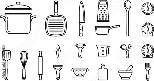 Tableau sur toile Kitchen utensils and cooking equipment line icon set with pot pan knife spatula
