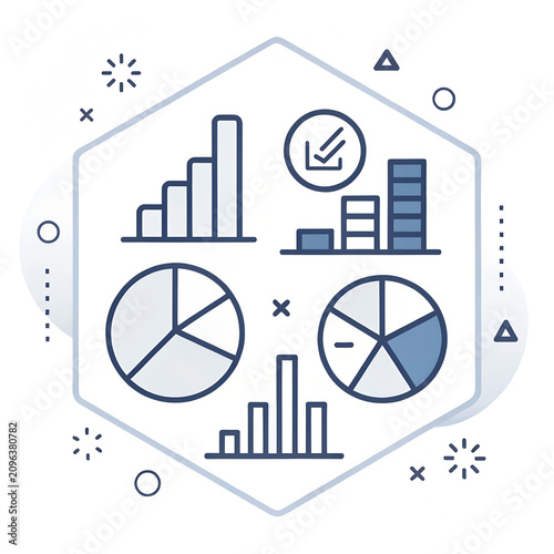 Data Visualization Infographic – Hexagonal Frame with Bar Graphs, Pie Charts and Statistical Elements Concept