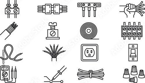 Tableau sur toile Electrical wiring and cable component line icon set with connector switch socket