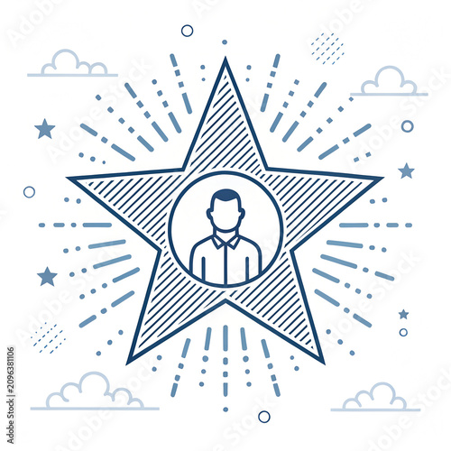 Star Recognition Icon – Human Figure Inside Large Star with Radiating Lines Representing Achievement, Excellence and Standout Performer Concept