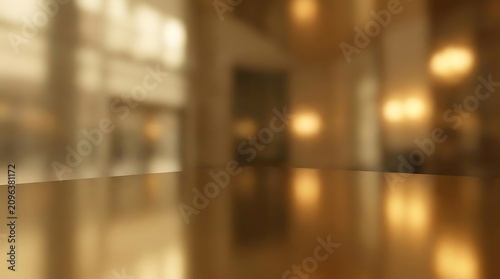 Interior space with warm lighting and reflective surface