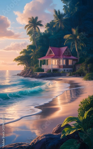 A cozy bungalow with a bright red roof stands on a tropical beach as the ocean gently laps the sand