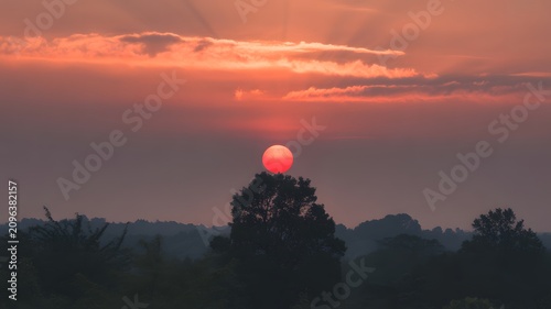 A brilliant red sun rests directly atop a lone silhouetted tree during a vibrant sunset