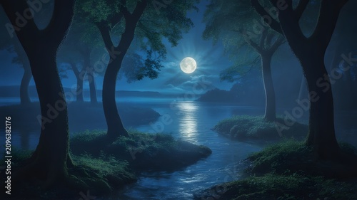 A glowing full moon illuminates a serene misty forest lake at night with mysterious trees surrounding the waters