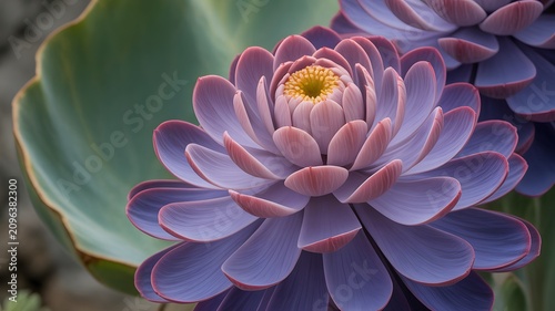 A beautiful and unique purple and pink succulent flower with layered petals against a soft green background