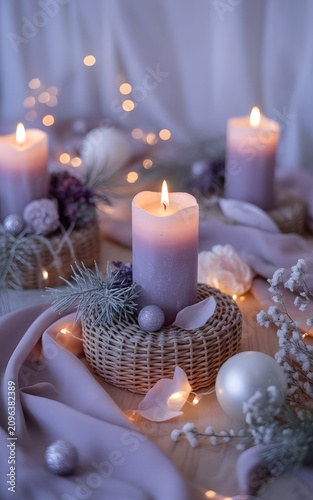A soft purple candle and shimmering ornaments arranged on a wicker base with glowing fairy lights