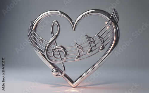 A radiant silver heart and musical elements glowing with a subtle warm light on a gray surface