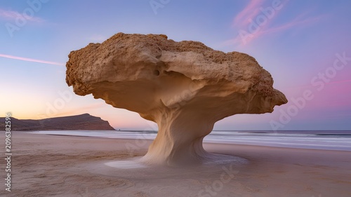 A striking mushroom shaped rock formation sits majestically on a tranquil sandy beach during a vibrant sunset