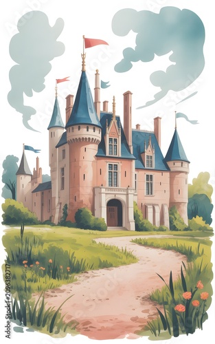 A charming animated medieval castle with pink walls and blue turrets stands under a cloudy sky