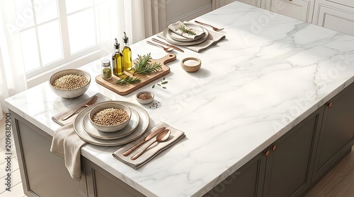 Kitchen countertop with food preparation and dining setting