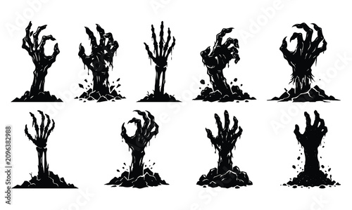 Foto Creepy zombie hands rising from the ground silhouette Halloween vector illustrat