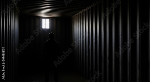 Person observing a small barred window inside a dark, confined metal container.