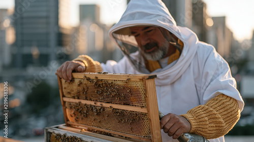 A Brazilian urban beekeeper inspecting honeycomb frames on a rooftop hive above a busy city street, protective veil on, smoker in hand, urban agriculture movement, city farming,
