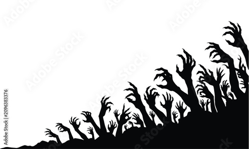 Принти на полотні Creepy zombie hands rising from the ground silhouette Halloween vector illustrat