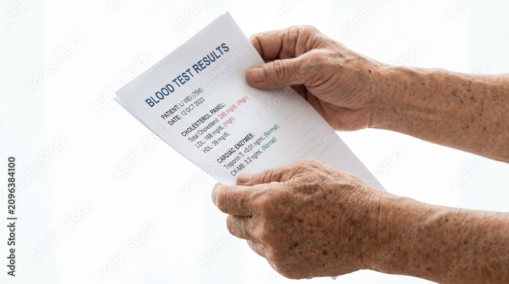 Fototapeta premium Close up of elderly hands holding a blood test results document. Senior health monitoring and cholesterol panel analysis