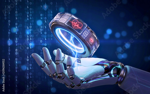 Robotic Hand Holding Futuristic Medical Smart Device with Heartbeat Monitor and Digital Binary Background Illustration