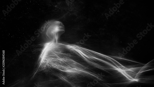Ethereal glowing humanlike figure composed of flowing light particles in a dark mysterious cosmic space universe background