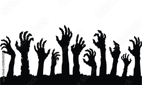 Foto Creepy zombie hands rising from the ground silhouette Halloween vector illustrat