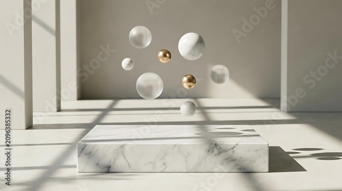Floating spheres in minimalist architectural space with marble pedestal and sunlight
