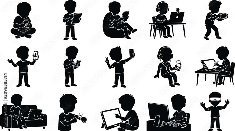 Obraz premium Kids Using Digital Devices Silhouette Collection with Smartphones Tablets Computers VR and Online Learning