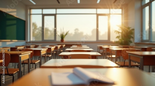 Aula después del horario escolar, con la luz del sol proyectando largas sombras sobre los pupitres ordenados