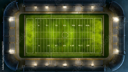 football field viewed from upper stands, symmetrical layout, photorealistic, studio lighting, high detail, 8k