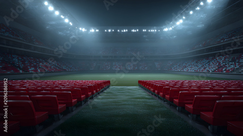 generic championship stadium with illuminated grass and empty seats, photorealistic, studio lighting, high detail, 8k