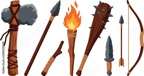 Tableau sur toile Prehistoric stone age weapon vector set with primitive caveman tools including a
