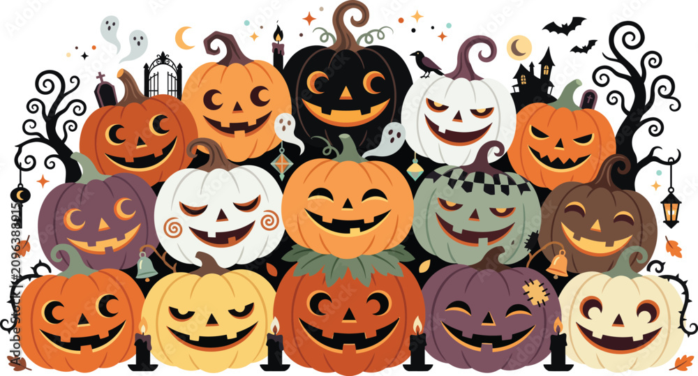 Obraz premium A festive collection of colorful carved jack o lanterns with spooky faces arranged together for a fun halloween holiday celebration