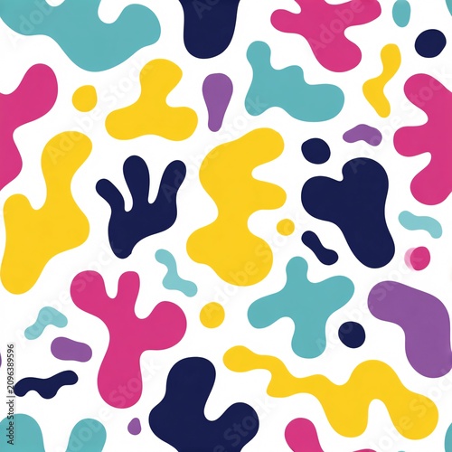 Bright colors combine in an abstract pattern of organic shapes
