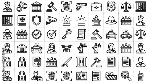 Foto Law enforcement legal and crime investigation icon set with investigation