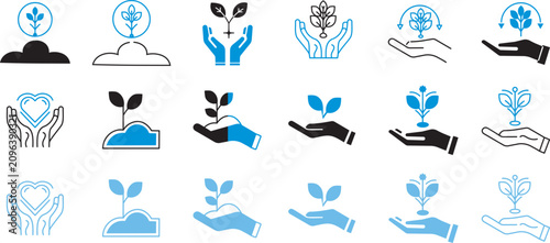 Photos Hand holding a growing plant icon vector set