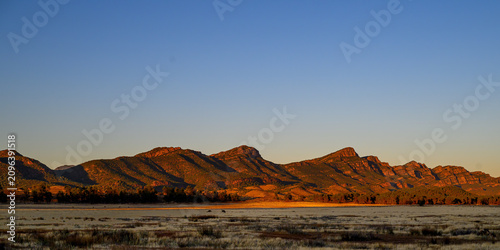Quadro su tela Two Emus (Dromaius novaehollandiae) are dwarfed by the mountains of the Flinders Range as the sun comes up in South Australia