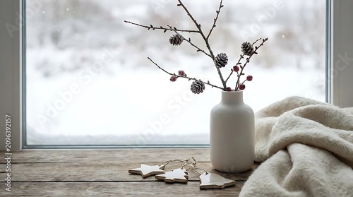 Cozy winter scene with decorative branches and blanket indoors