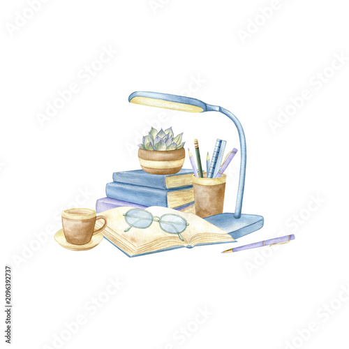 Watercolor cozy study composition with an open book, glasses, lamp, stationery and coffee. Hand drawn workspace illustration isolated on white for educational blogs, planners and reading.