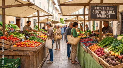 Mercado ecológico con productos frescos y consumo responsable en un entorno saludable.
