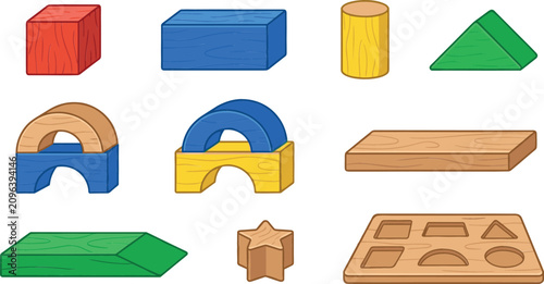 Tableau sur toile Wooden toy building blocks vector set featuring colorful geometric construction