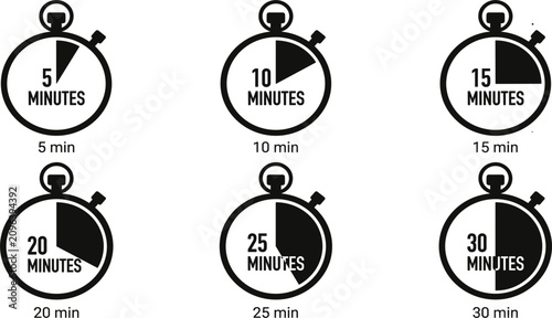 Stopwatch Timer Icon Set with 5 10 15 20 25 and 30 Minutes Intervals Countdown Chronometer Graphic Elements for Cooking Workouts and Productivity Tracking Vectors