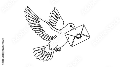 Minimal One Line Drawing of Flying Dove Carrying a Letter Envelope