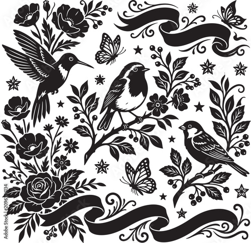 Vintage floral bird illustration set. Hand drawn botanical nature art with butterflies and ribbons.