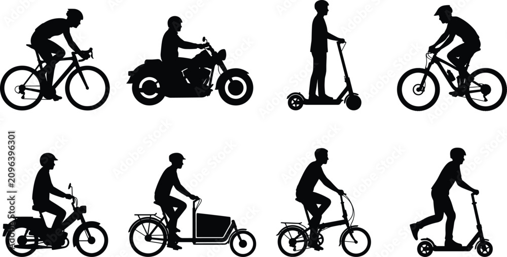 Obraz premium Set of Urban Commuter Silhouettes Featuring Bicycles, Motorcycles, and Electric Scooters
