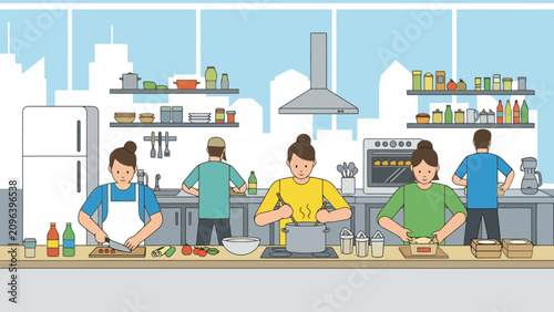 A vibrant culinary scene unfolds with diverse individuals actively engaged in food preparation activities within a well equipped lively communal kitchen space showcasing teamwork and creative