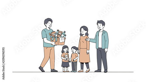 Generous man shares food donations with a needy family composed of a mother father and two children providing essential aid and support during a time of hardship showing community care and