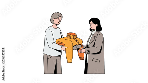 Two people exchanging a folded yellow garment representing sharing donation mutual aid or receiving a gift depicted with clean lines and a neutral presentation for diverse commercial
