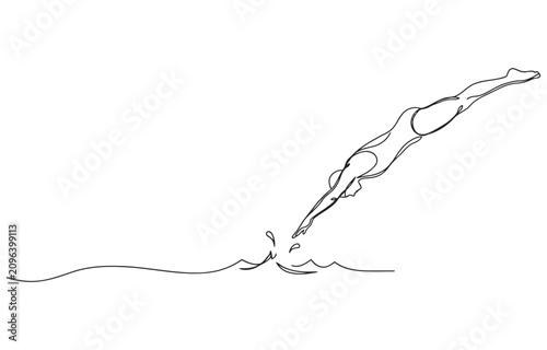Continuous single one line drawing art of swimming athlete woman jumping to start swim competition.